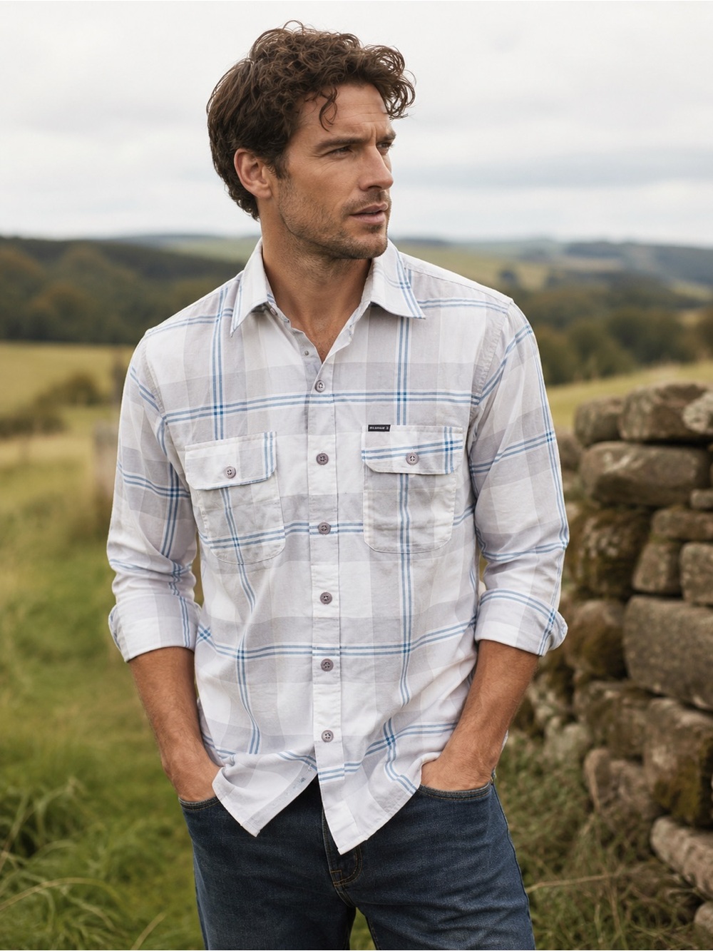 Barbour White and Light Blue Plaid Long-Sleeve Button-Down Shirt